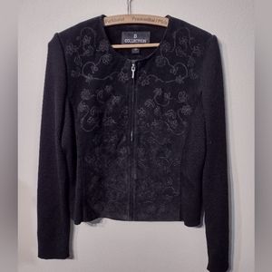 B Collection embroidered leather and knit sweater zip front